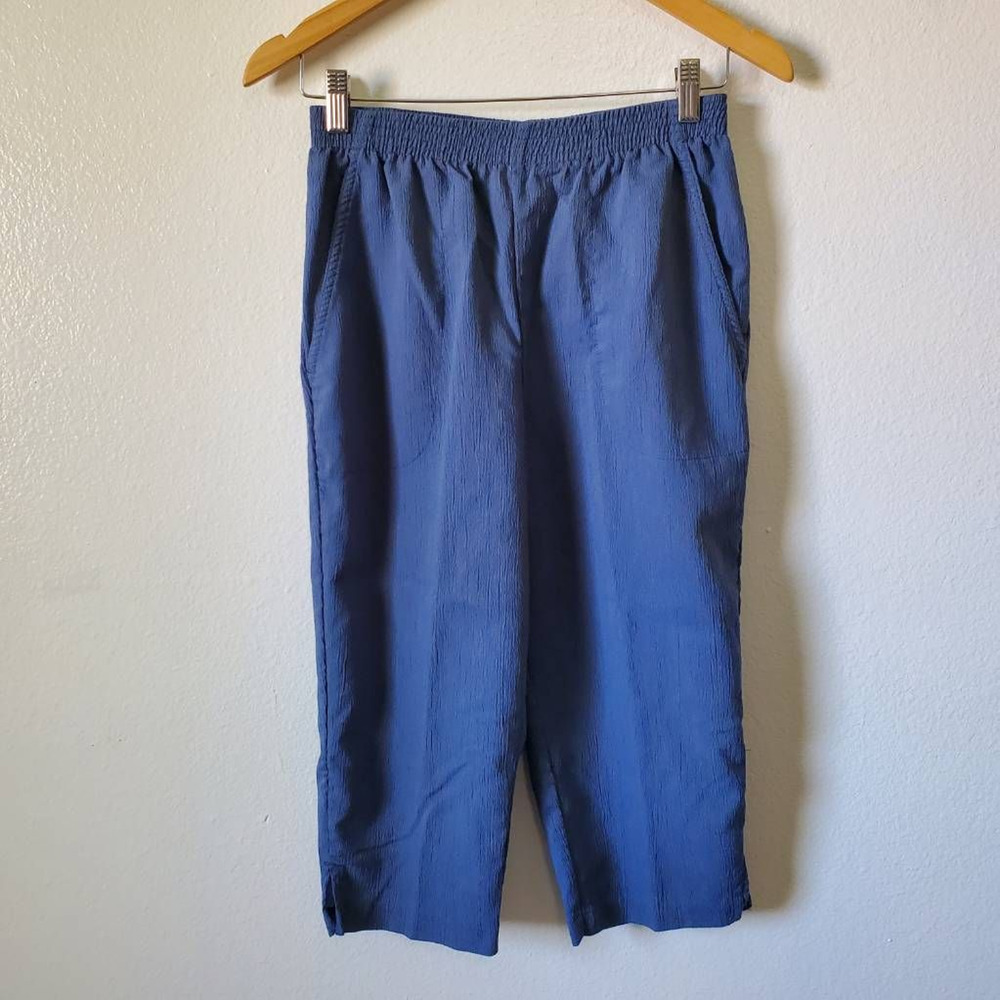Bend Over Womens S Capri Pants Blue High Rise Pull On Crinkled Slits Pockets